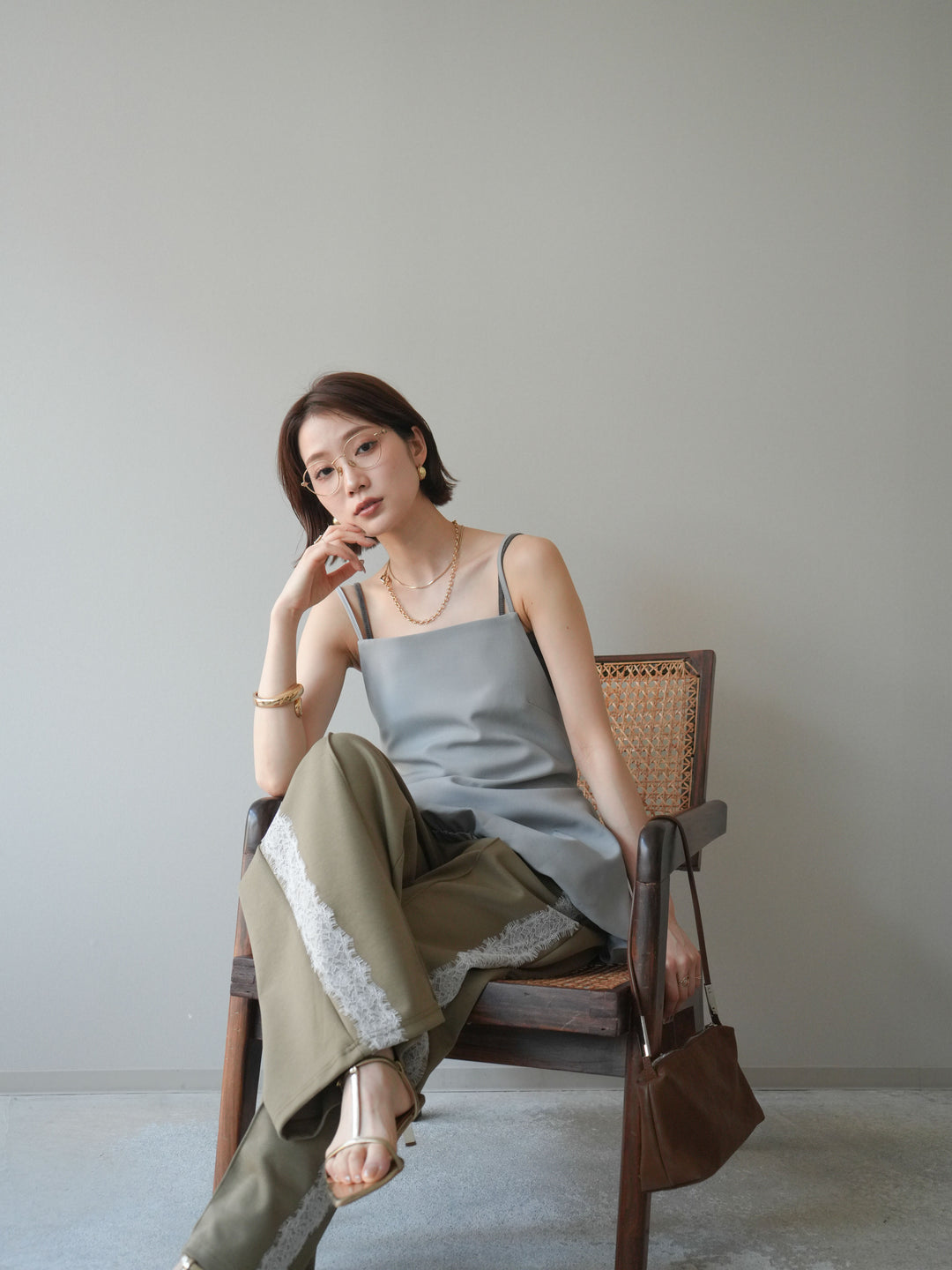 [SET]バックリボンバルーンチュニックキャミ+サイドレースポンチワイドパンツ(2set)