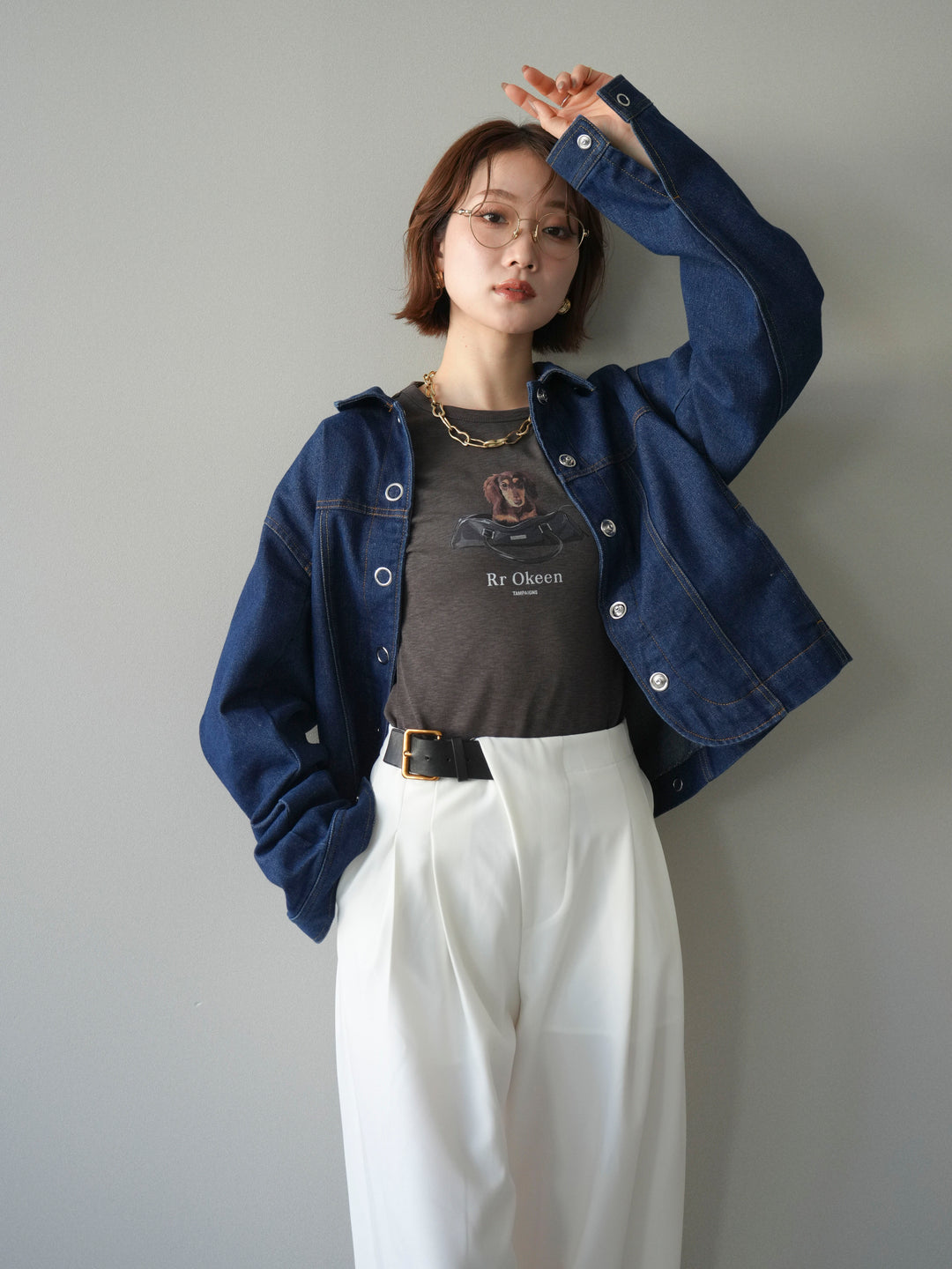 [SET]ラウンドカットコンパクトデニムジャケット+ドッグコンパクトTEE+アシンメトリーベルトタックワイドパンツ(3set)