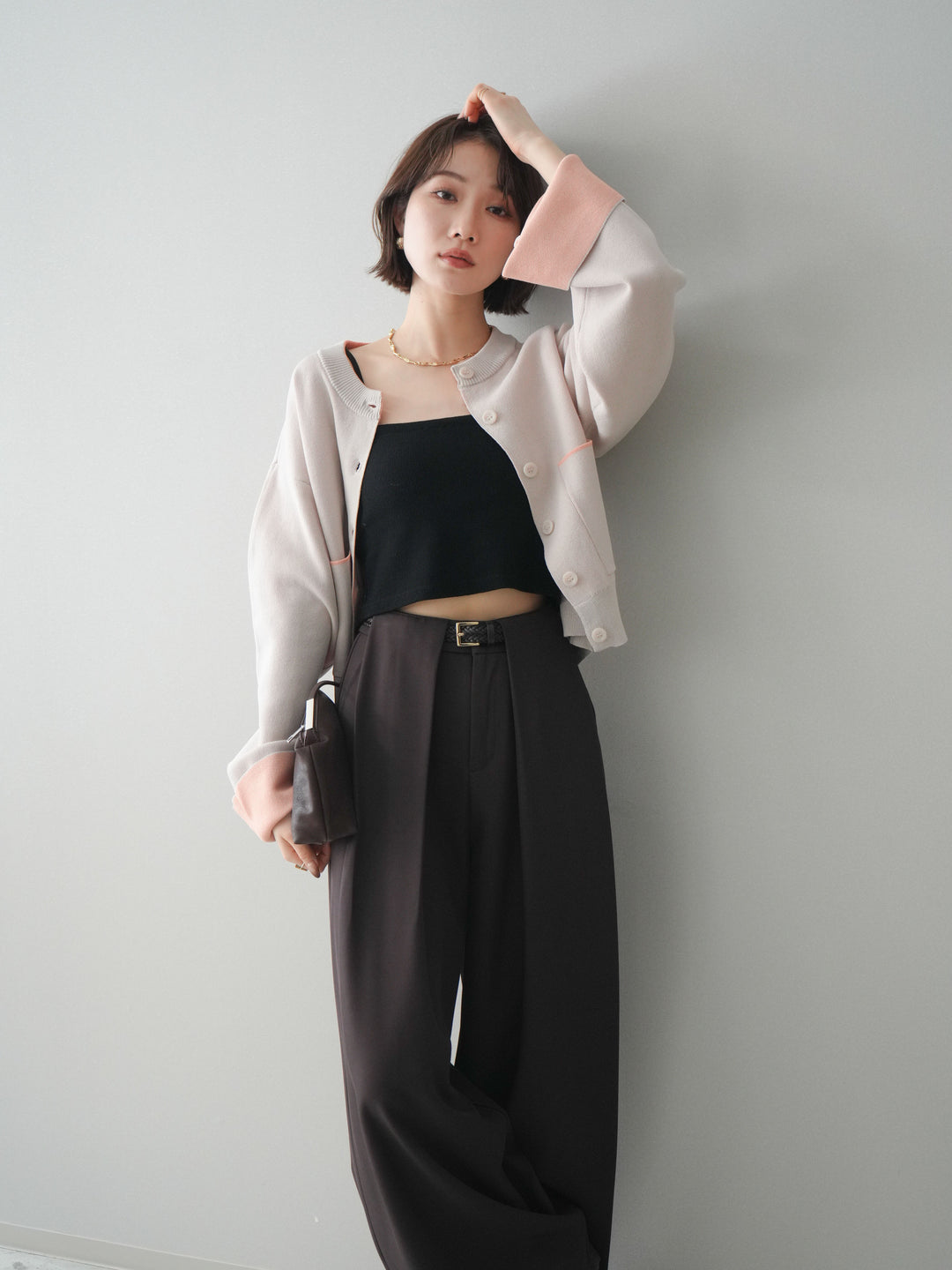 [SET]レーヨンポリダブルフェイスニットカーディガン+ベルトループデザインワイドパンツ(2set)