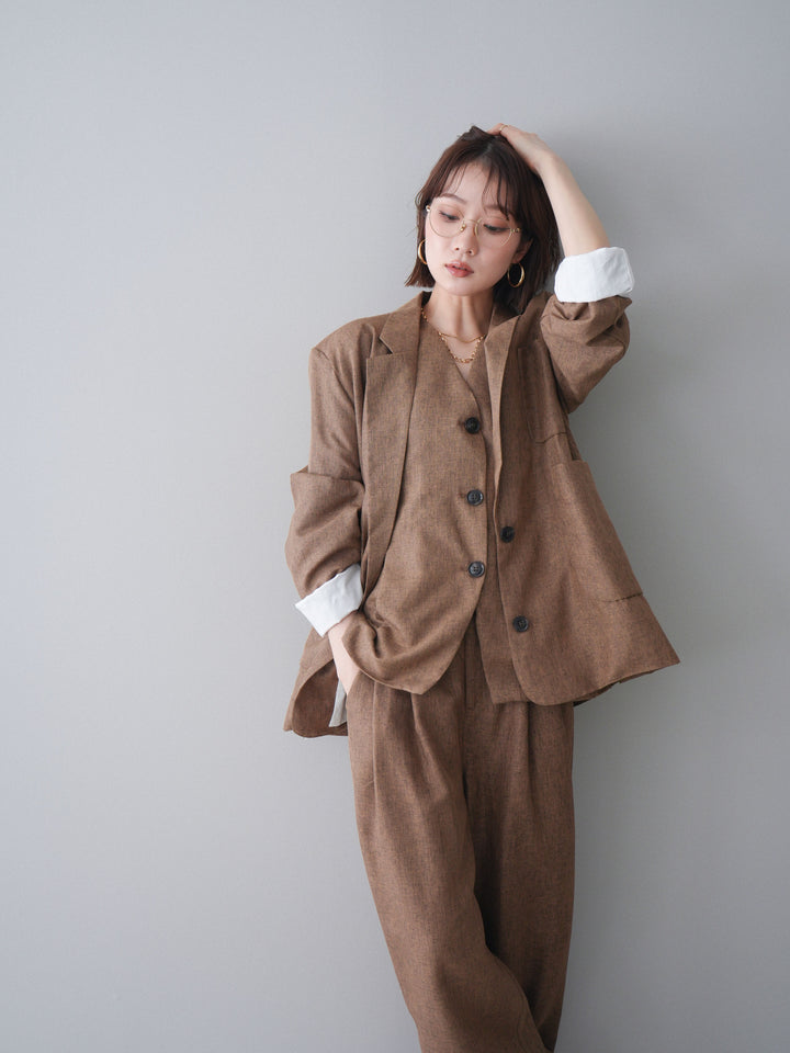 [SET]リネンライクテーラードジャケット+リネンライクバックオープンジレ+リネンライクタックワイドパンツ(3set)