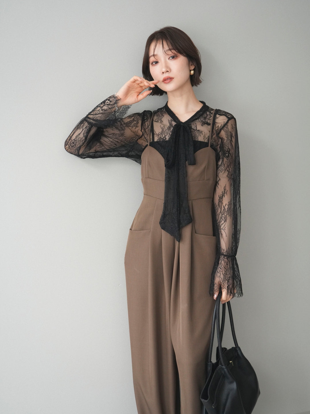 [SET]バックデザインサロペット+リバーレースボウタイトップス(2set)