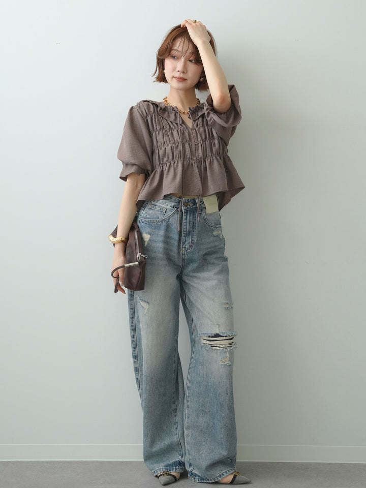 [SET]フリルネックシャーリングブラウス+ダメージデニムセミワイドパンツ(2set)