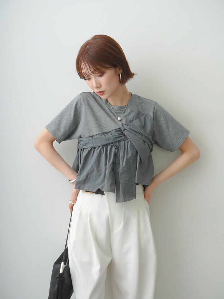 [SET]ナイロンドッキングツイストTEE +アシンメトリーベルトタックワイドパンツ(2set)