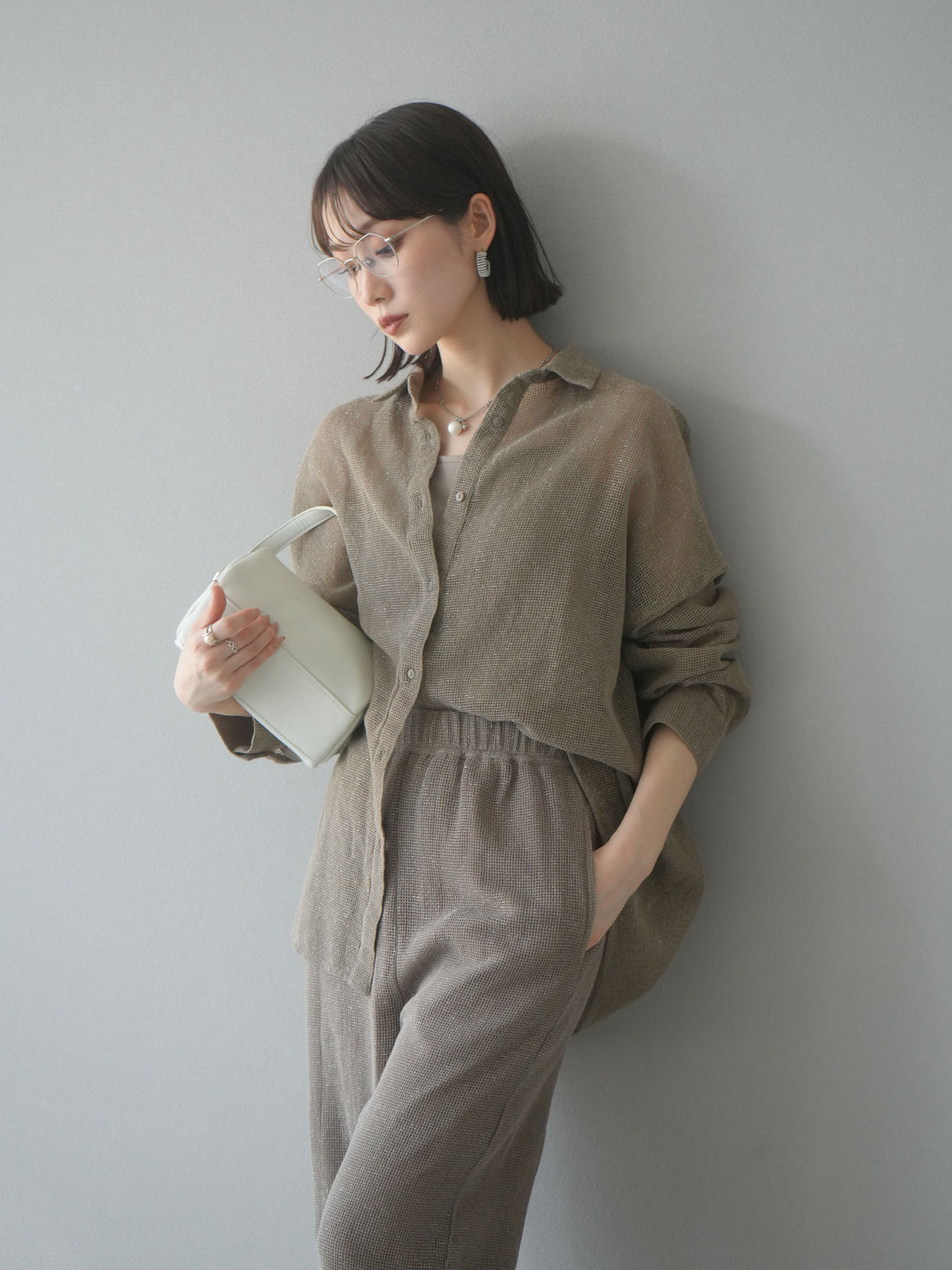 [予約]コットンラメメッシュオーバーシャツ/ベージュ