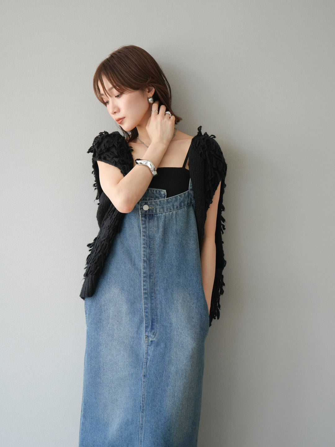 [SET]ループデザインベスト+アシンメトリーデニムワンピース(2set)