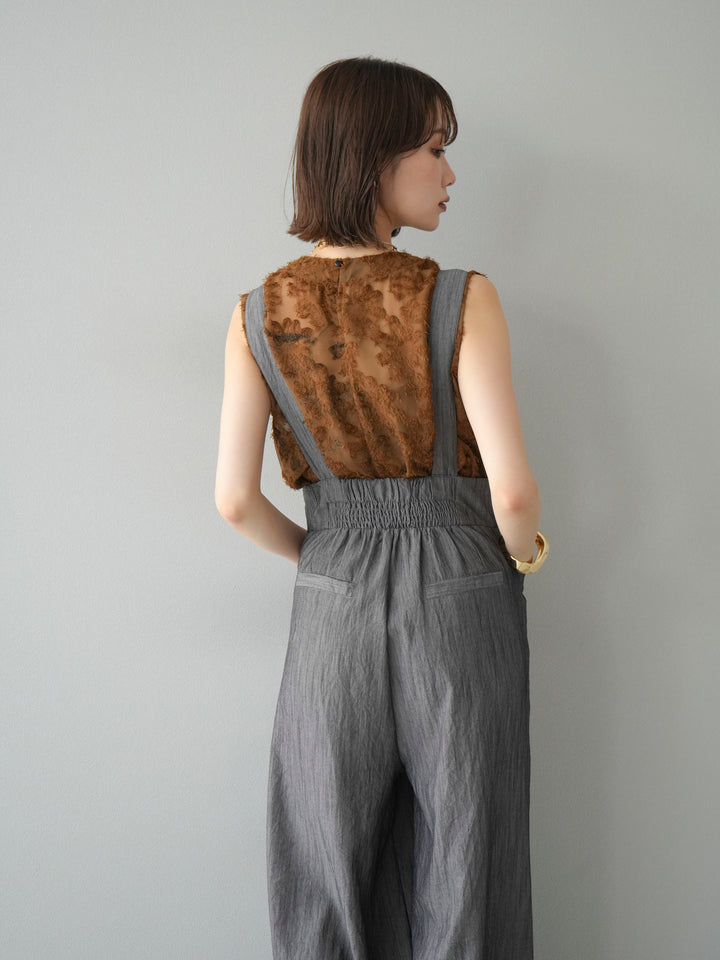 [SET]ストリングデザインハイウエストサロペット+ニュアンスフリンジジャガードノースリーブブラウス(2set)