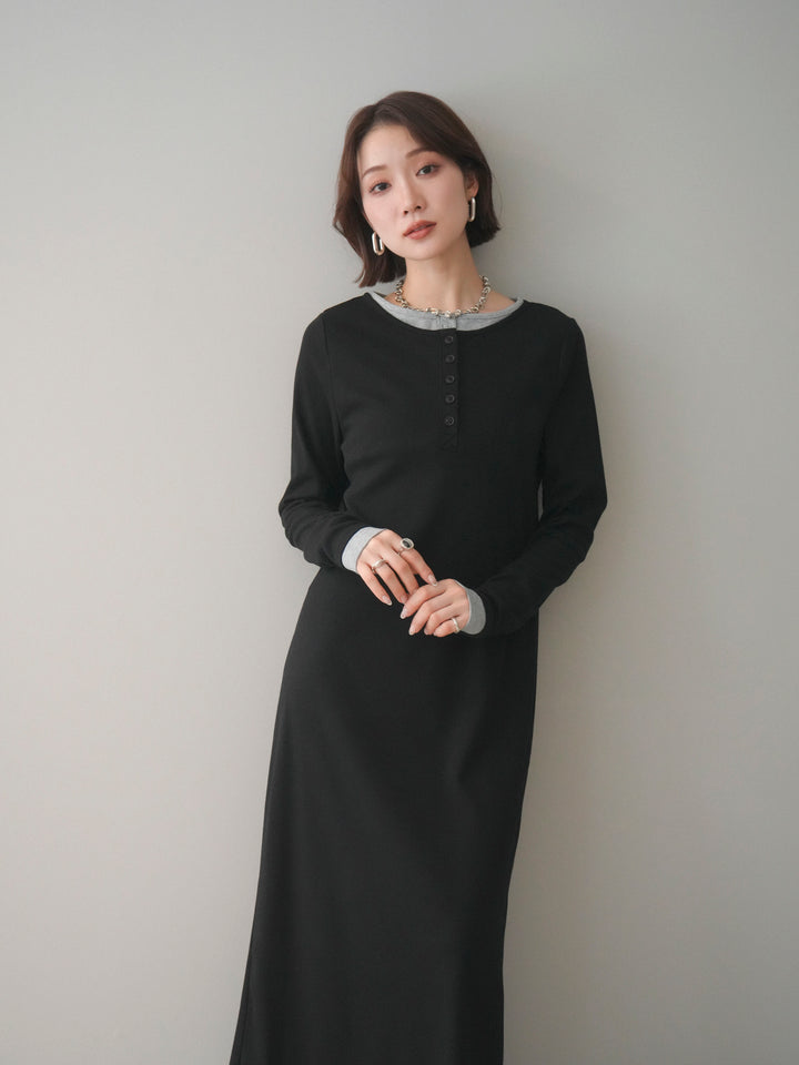 [予約]配色レイヤードヘンリーネックカットリブワンピース/black