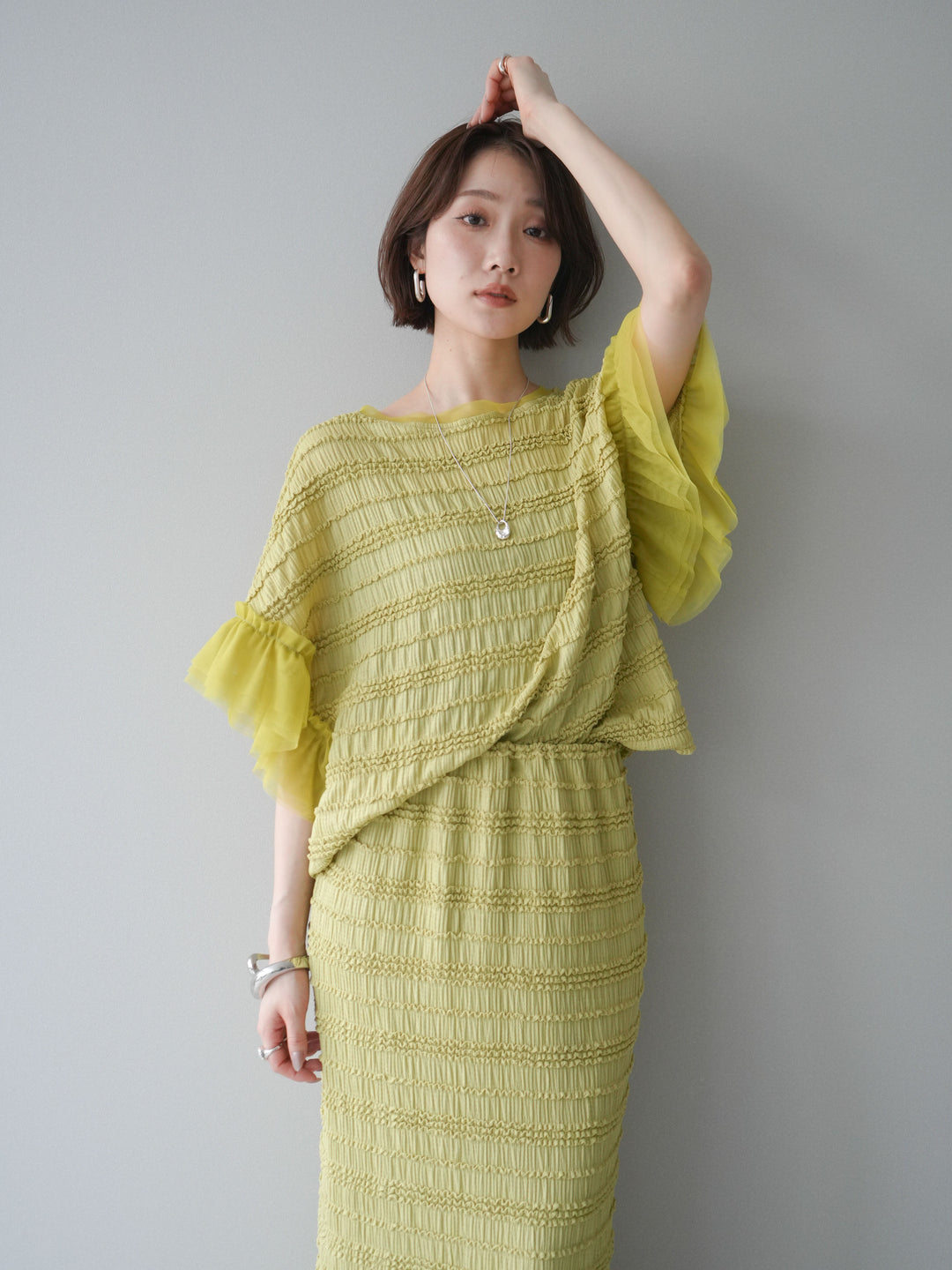 [SET]チュール袖リップルトップス+リップルIラインスカート(2set)