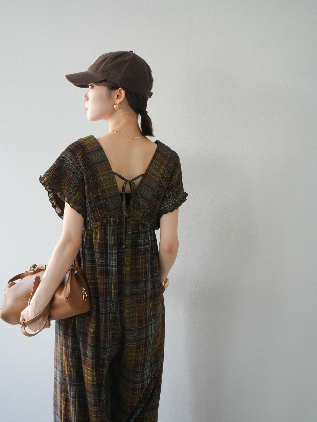 [予約]シアーチェックシャーリングサロペット/ブラウン