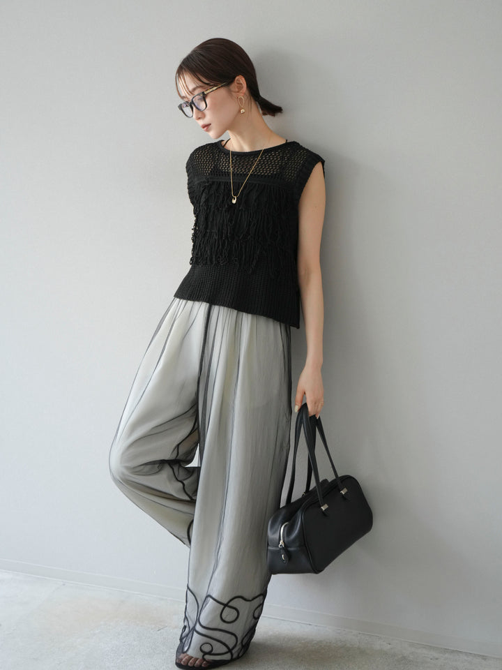 [SET]透かし編みフリンジニットトップス+コード刺繍チュールレイヤードパンツ(2set)