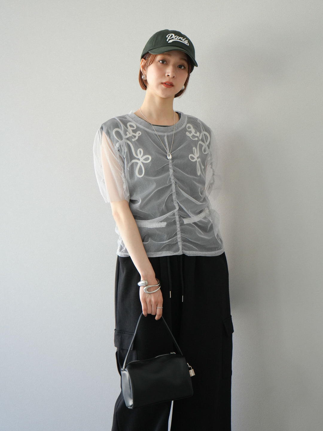 [SET]ラメチュールシャーリングプルオーバー+コード刺繍フレンチスリーブTシャツ(2set)