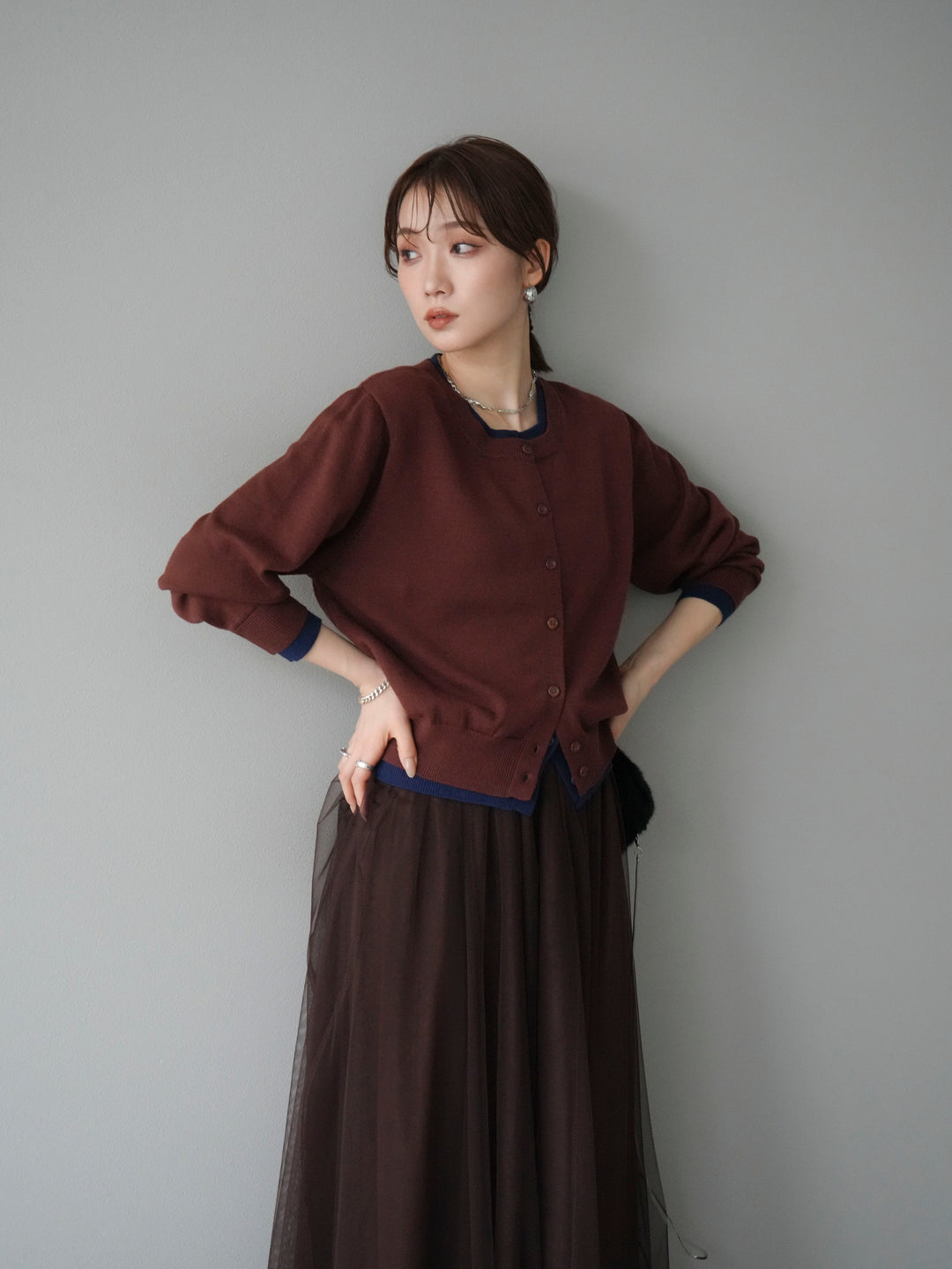 [SET]配色レイヤードカーディガン+チュールボリュームスカート(2set)