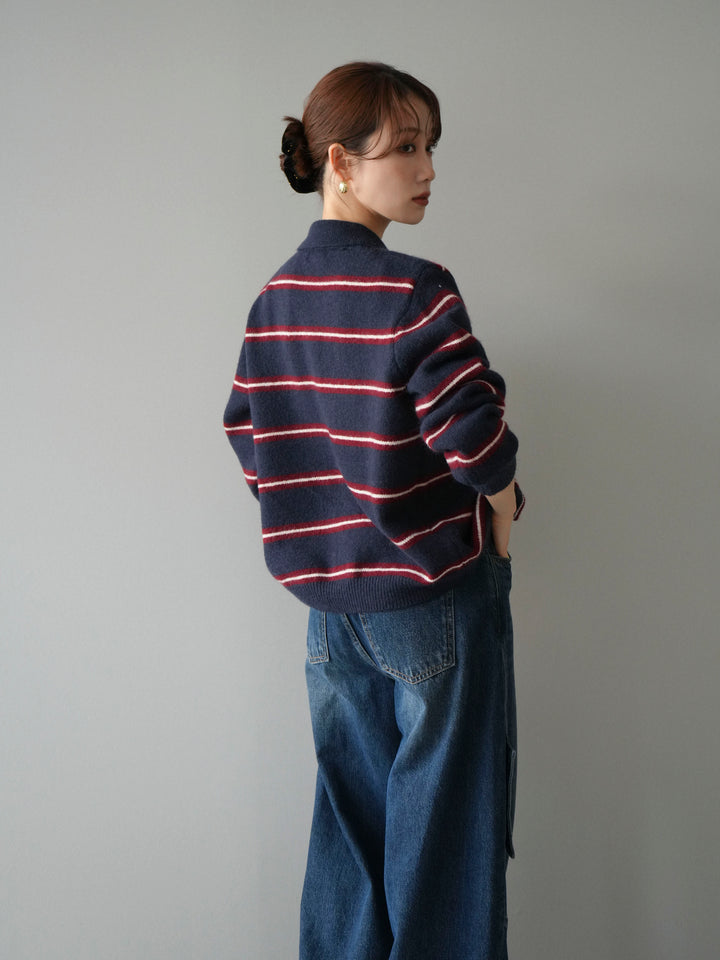 [予約]ボウタイボーダーニットカーディガン/navy