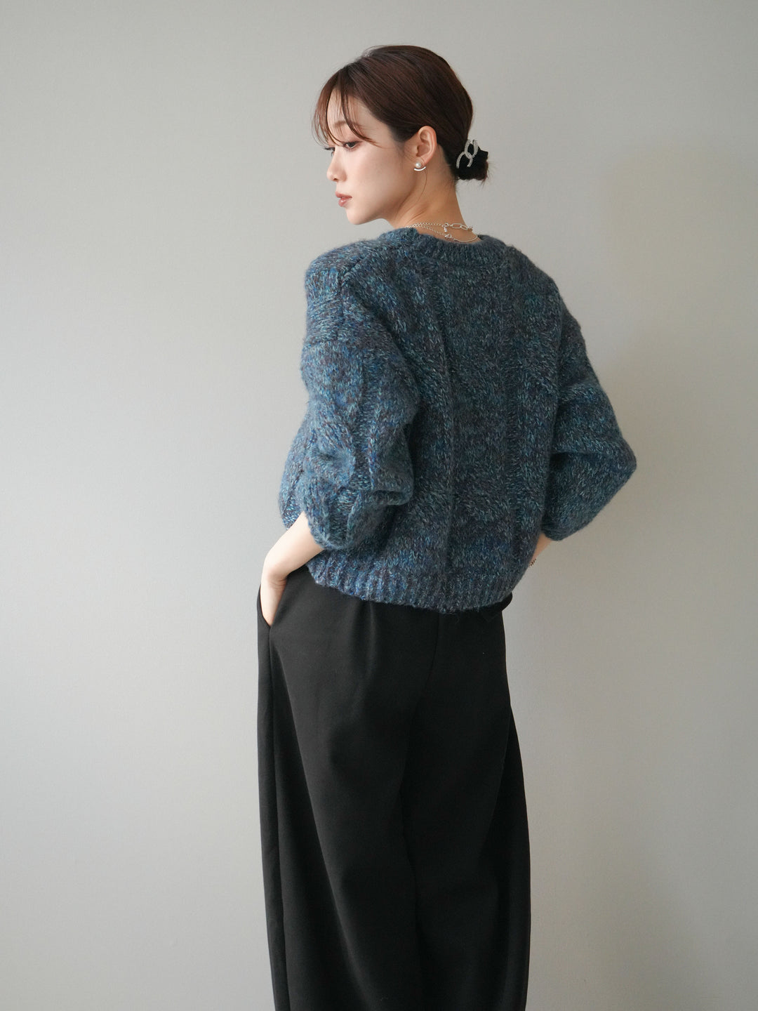[予約]ワイドケーブルミックスニットプルオーバー/blue