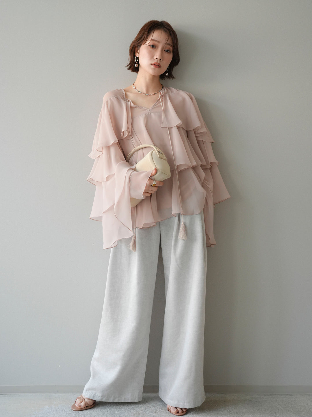 [予約]ベルト付ハイウエストワイドパンツ/ivory