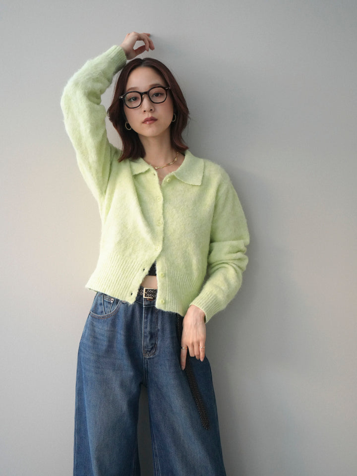 [SET]モヘア衿付きボタンプルオーバー+裏起毛裾フリンジワイドデニムパンツ(2set)