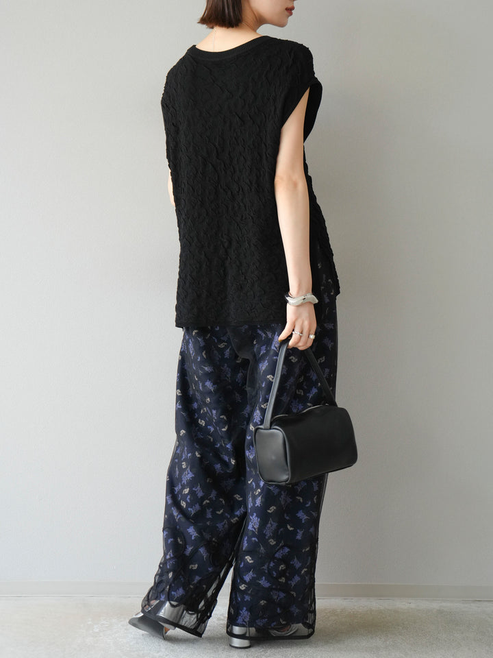 [SET]コード刺繍チュールレイヤードパンツ+ブーケプリントタックパンツ(2set)