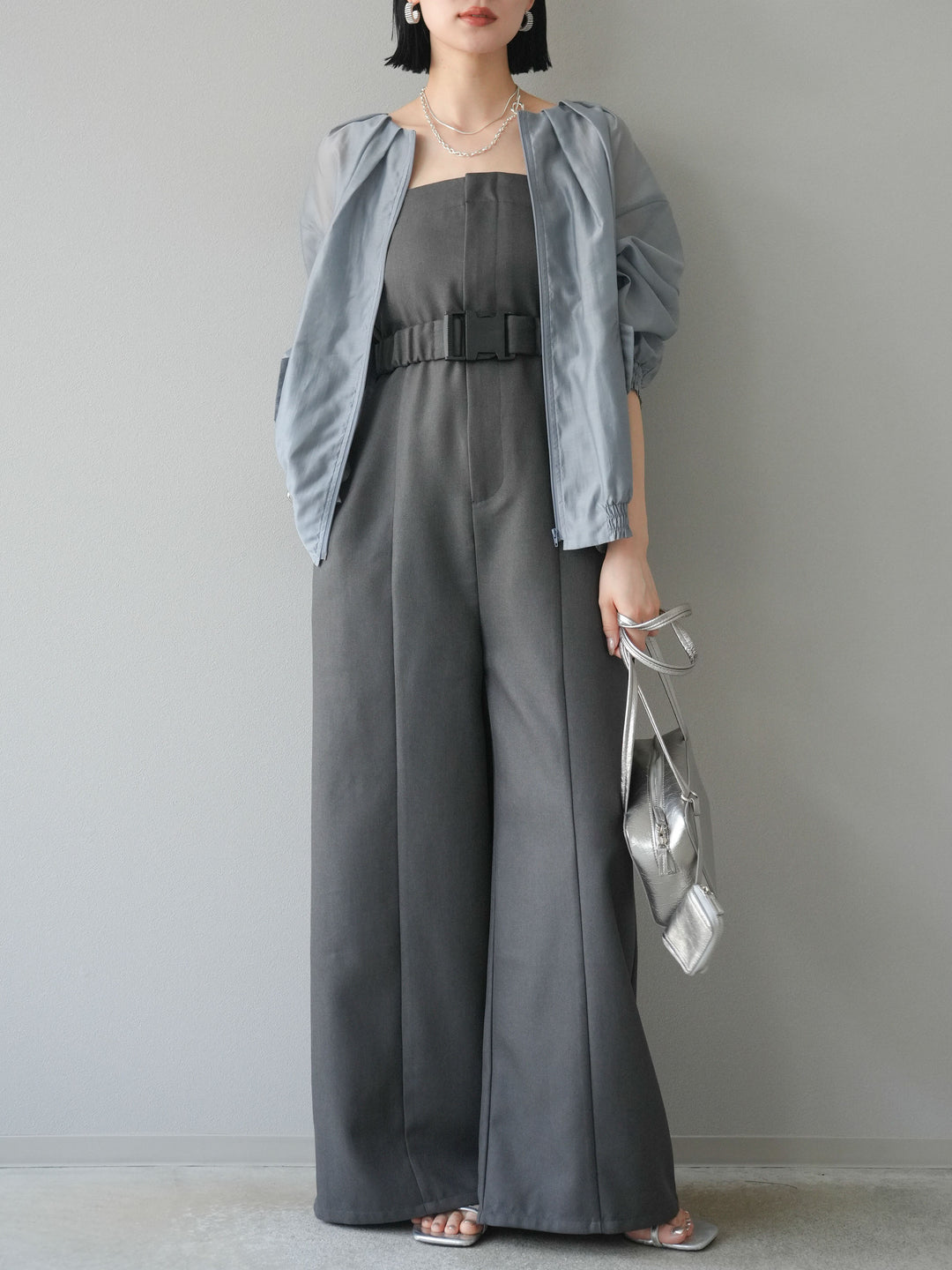 【預購】混色斜紋腰帶熊圖案工裝褲/炭灰色