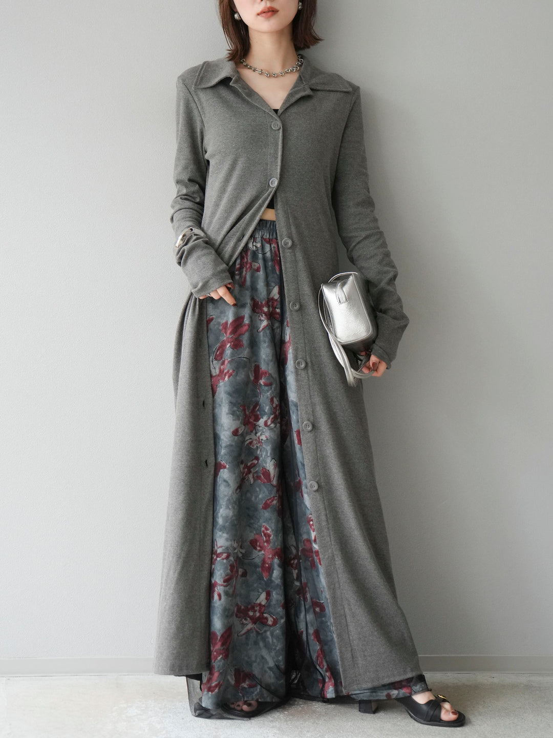 [SET]襟付きカットリブボタンワンピース+フラワープリントチュールレイヤードパンツ(2set)