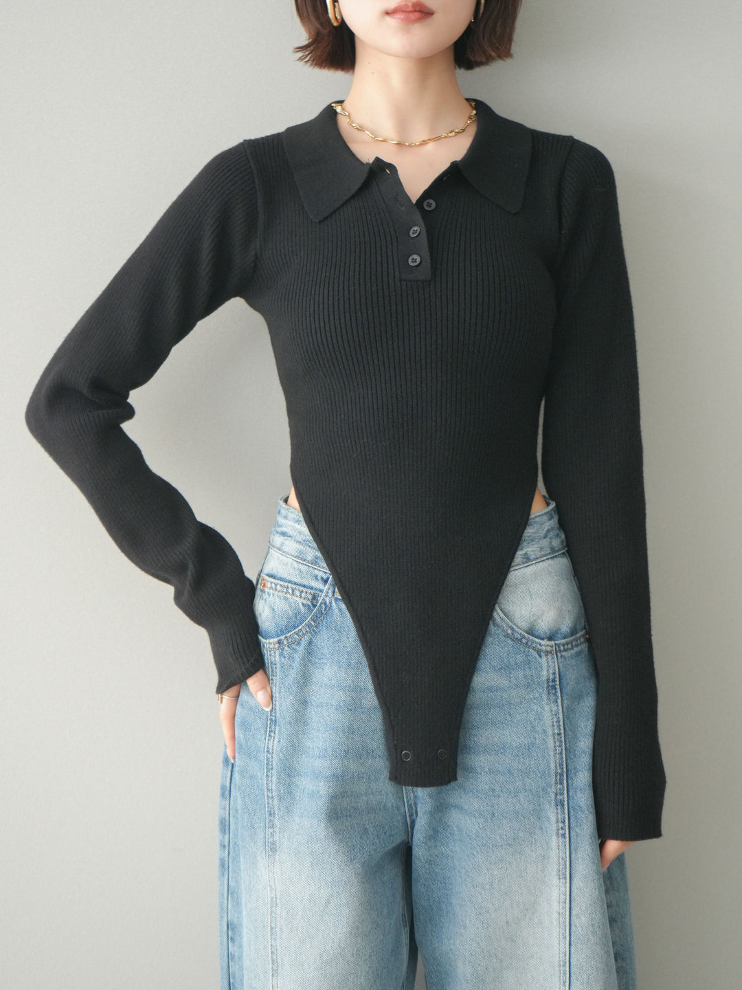 [予約]リブポロニットボディスーツ/black