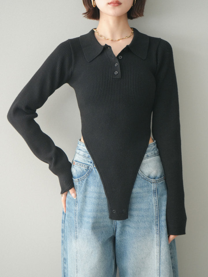 [予約]リブポロニットボディスーツ/black