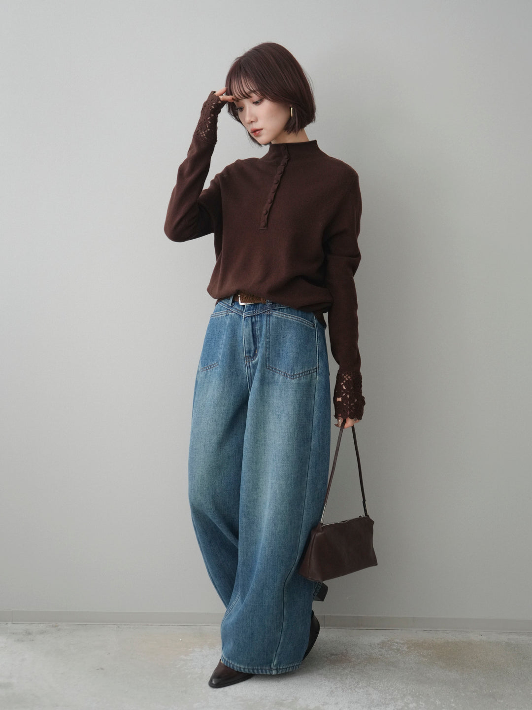 [SET]袖スカラップレースフロントボタンウールニットトップス+ベルト付裏起毛カーブデニムパンツ(2set)