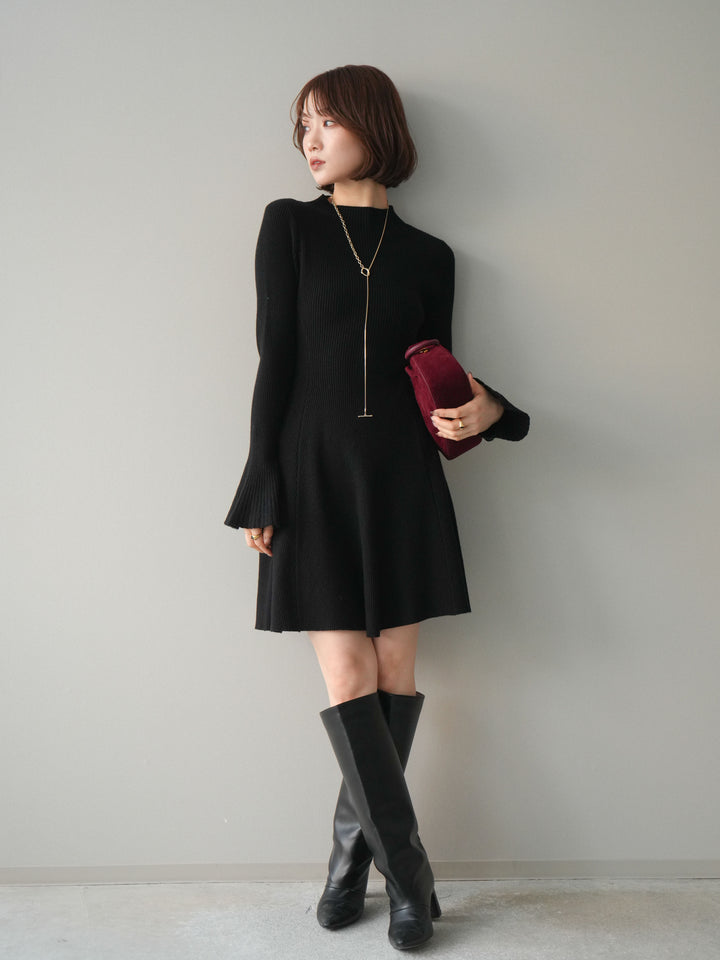[予約]フレアリブニットミニワンピース/black