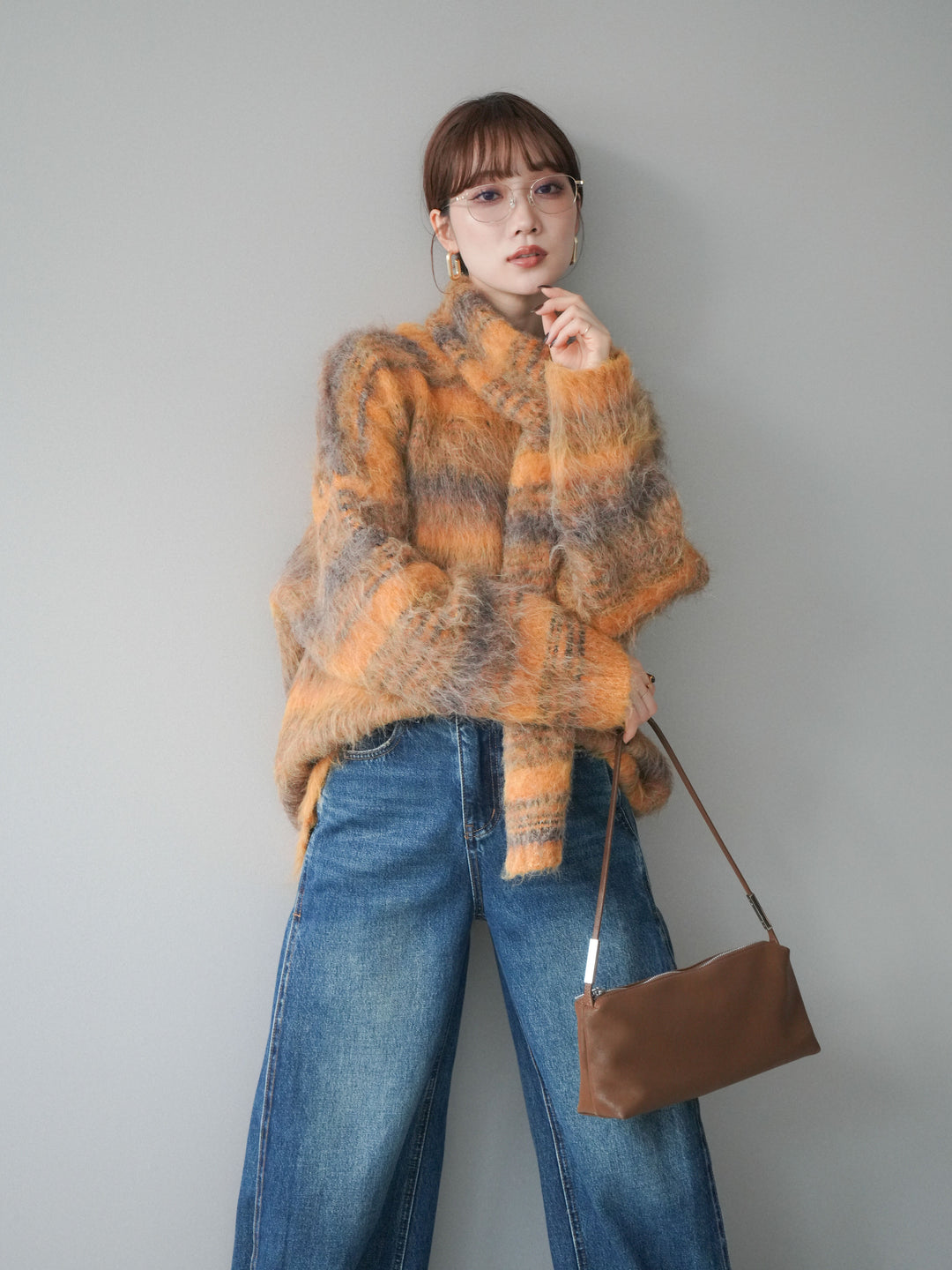 [予約]ストール付シャギーマルチボーダーニットプルオーバー/yellow