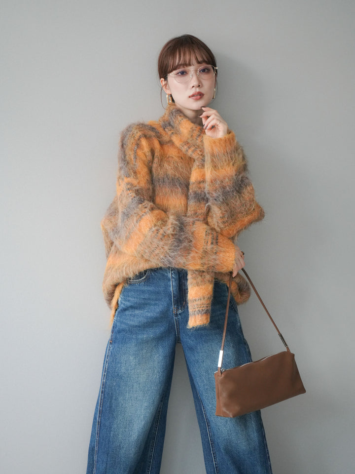 [予約]ストール付シャギーマルチボーダーニットプルオーバー/yellow