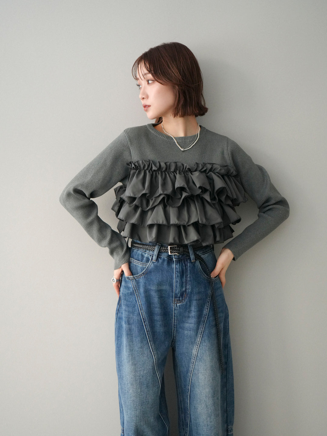 [予約]フリルビスチェドッキングスポンジニットプルオーバー/gray