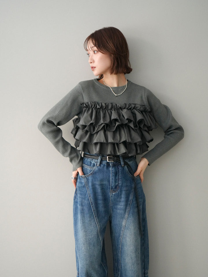 [予約]フリルビスチェドッキングスポンジニットプルオーバー/gray