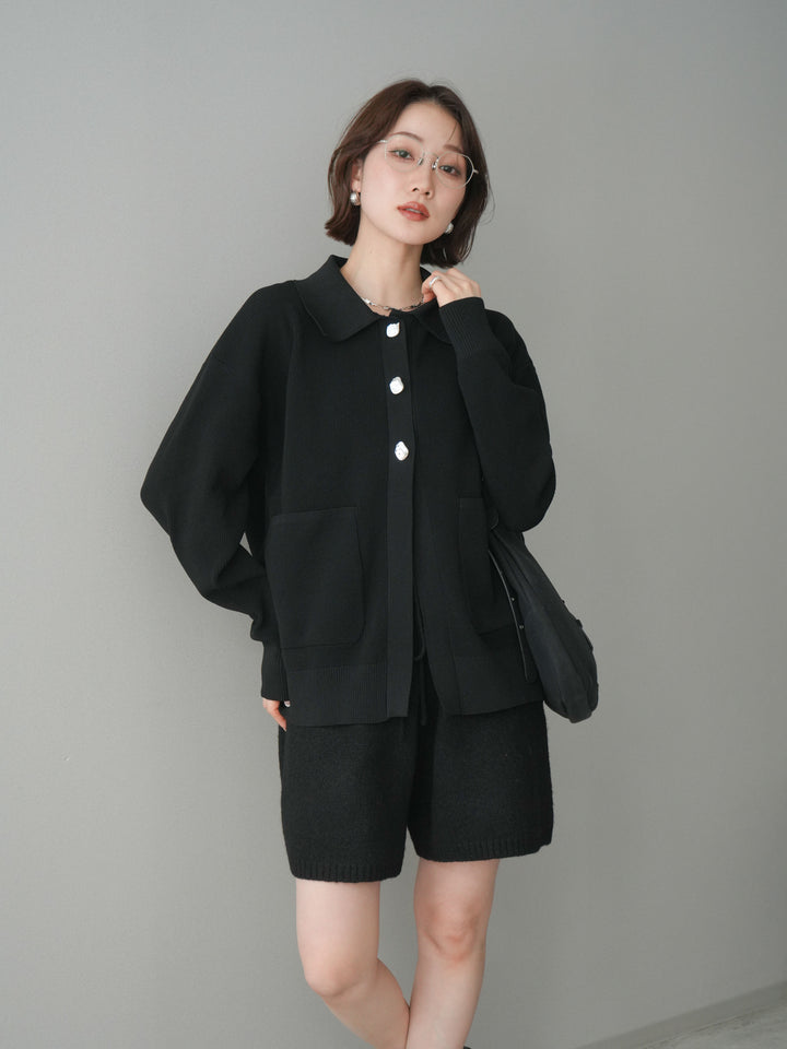 [予約]メタルボタン襟付きポリエステルニットカーディガン/black