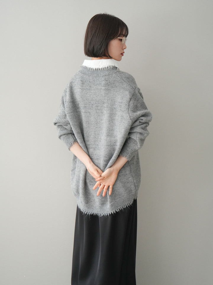[予約]シャツドッキングVネックフリンジニットプルオーバー/gray