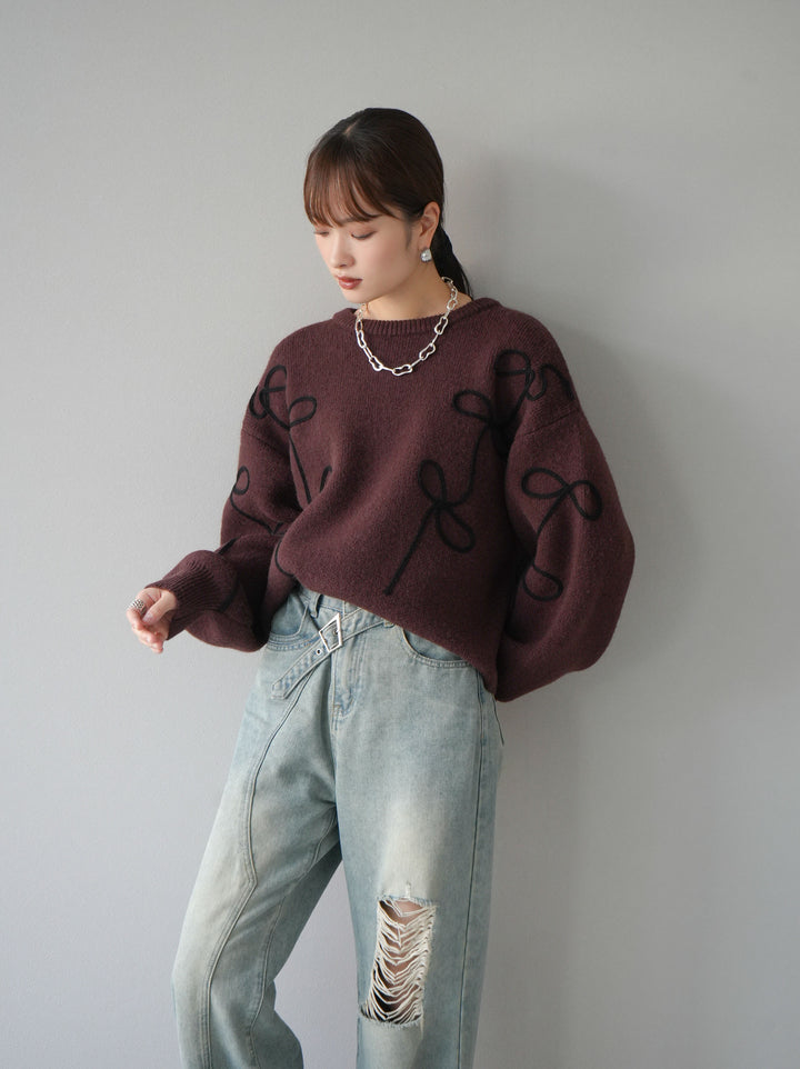 [予約]コード刺繍ルーズニットプルオーバー/ブラウン