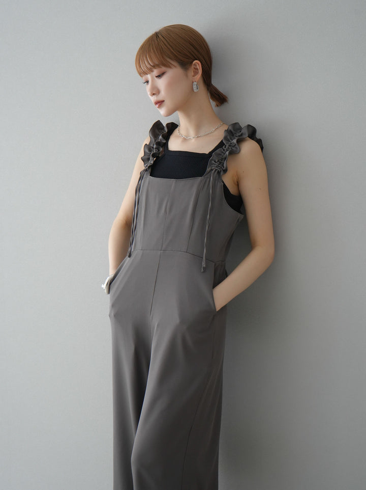 [預訂] 繫帶荷葉邊連身衣/灰色
