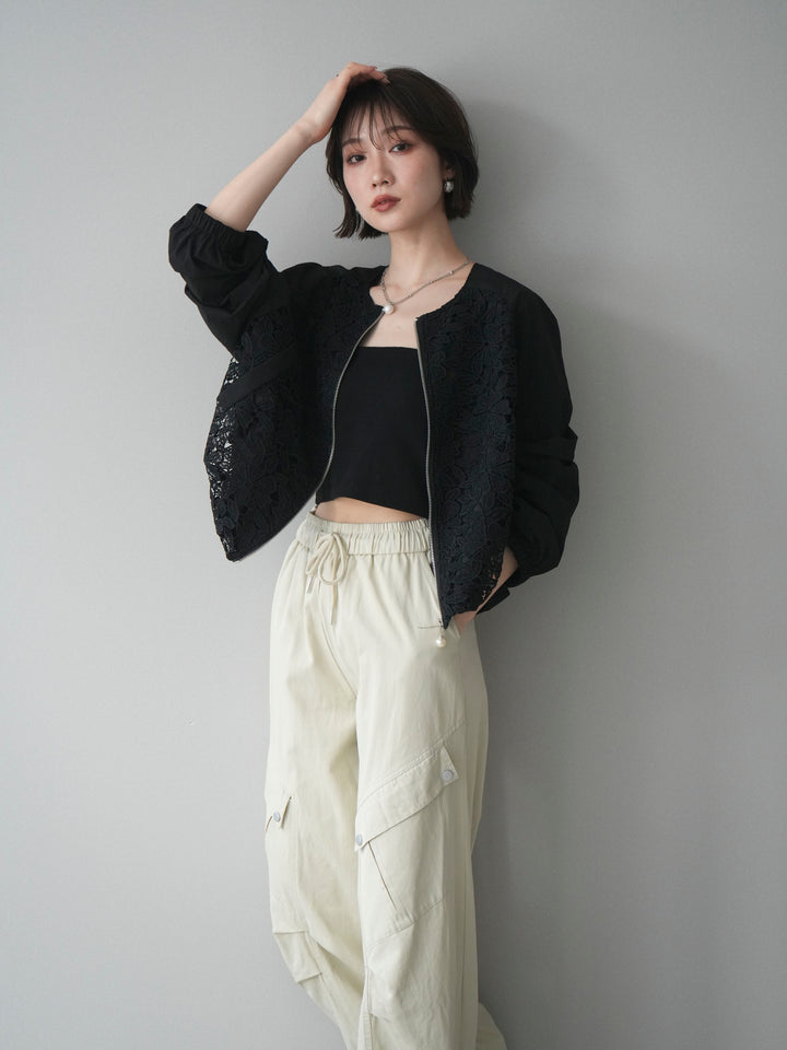 [SET]レースドッキングブルゾン+タックデザイン裾ドロストカーゴパンツ+カップ付テレコリブベアキャミソール(3set)