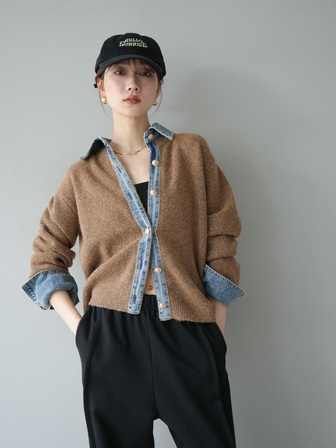 【着回しセット】[SET]デニム襟ボタンニットカーディガン+デニム襟ボタンニットカーディガン+2WAYデザインスウェットパンツ(3set)