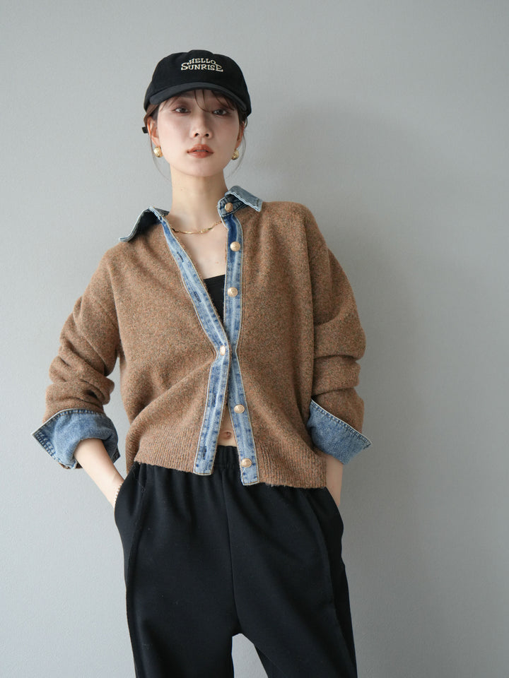 【着回しセット】[SET]デニム襟ボタンニットカーディガン+デニム襟ボタンニットカーディガン+2WAYデザインスウェットパンツ(3set)