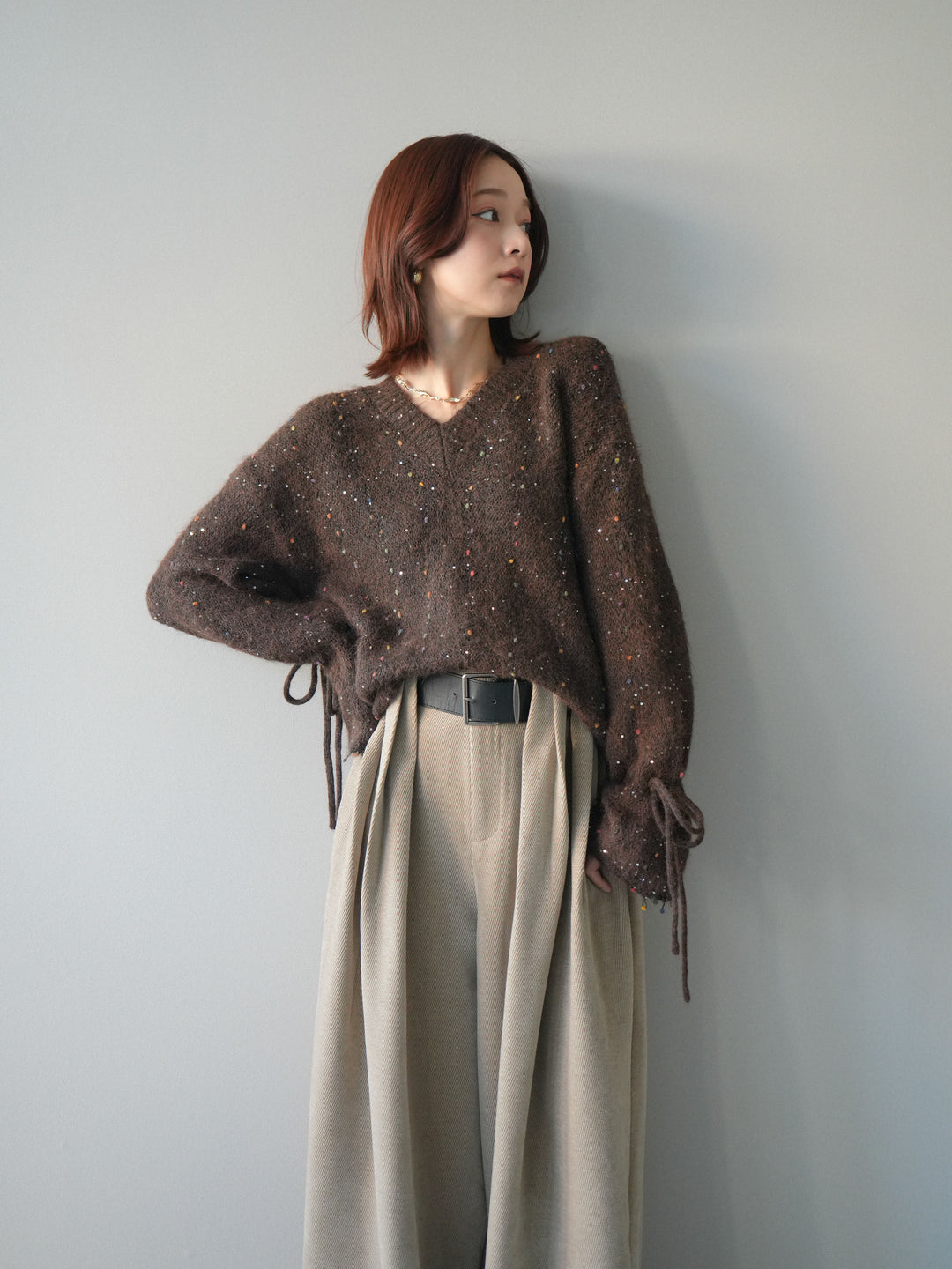 [SET]キャンディースリーブカラーネップスパンコールニットプルオーバー+ベルトデザインループコールテンワイドパンツ(ベルト付き)(2set)