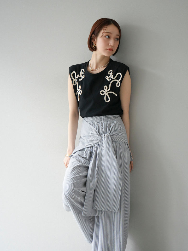 [SET]コード刺繍フレンチスリーブTシャツ+ウエスト巻きストライプイージーパンツ(2set)