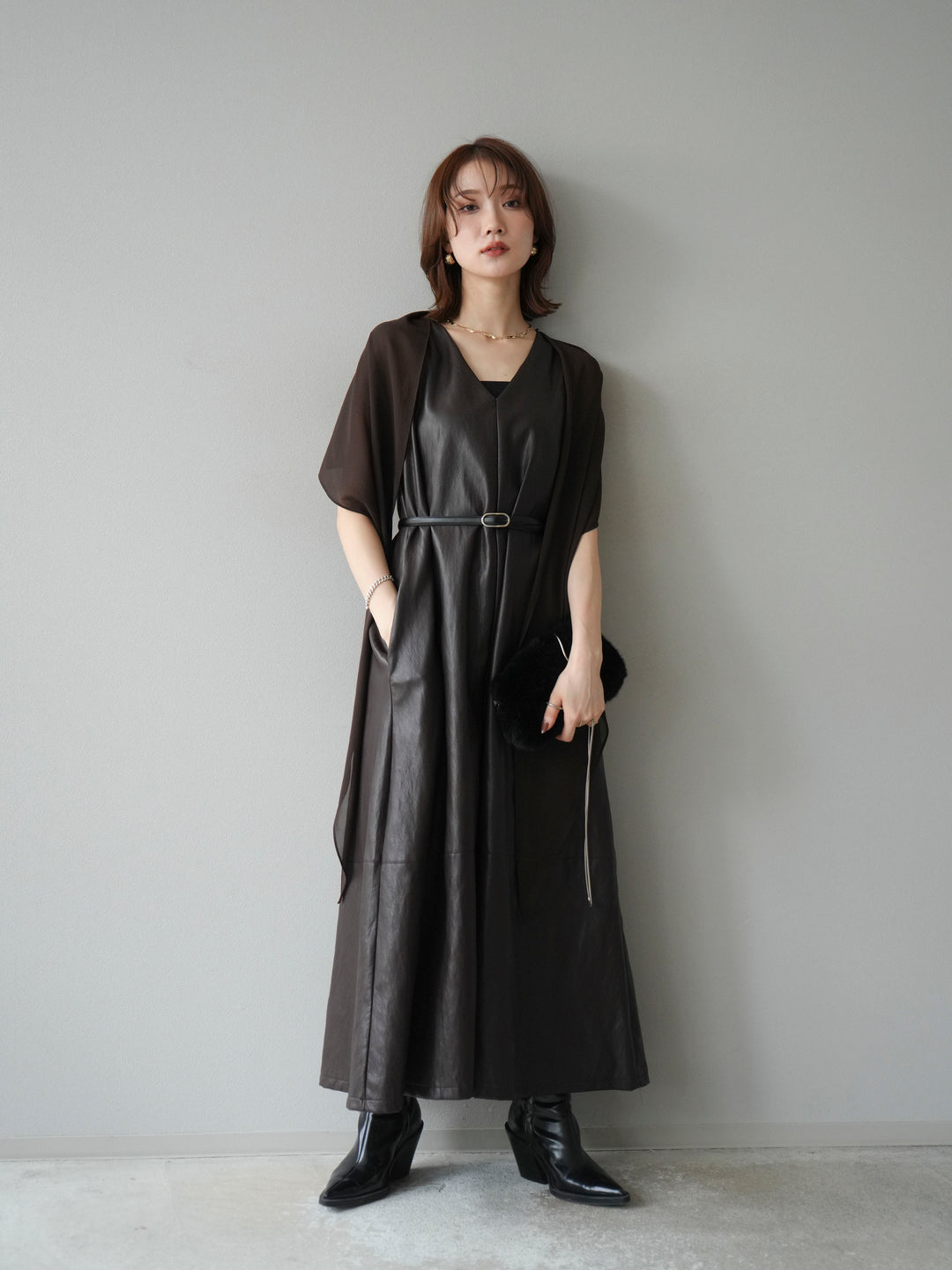 [予約]レザーAラインワンピース/ブラウン