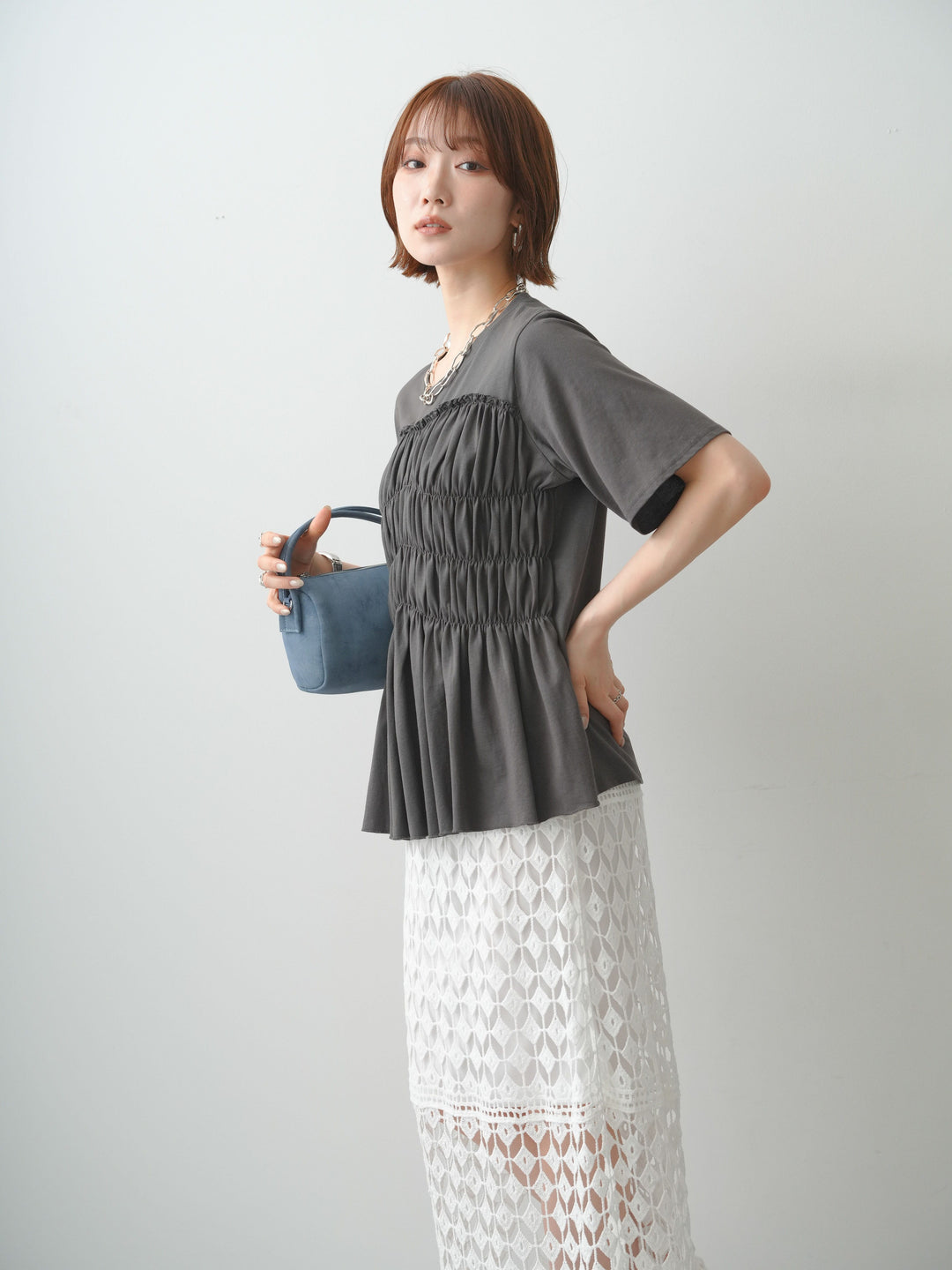 [SET]クールタッチシャーリングTEE+クロシェレースIラインスカート(2set)