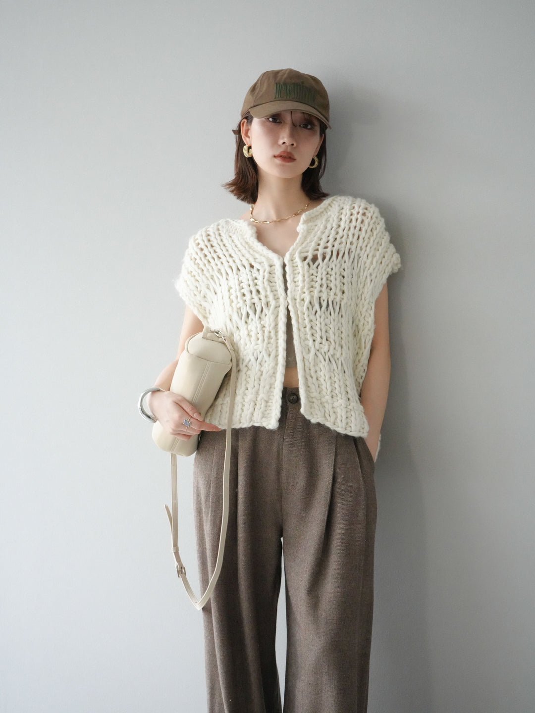 [SET] 手編繩結背心+粗花呢觸感褶皺寬褲（2件組）
