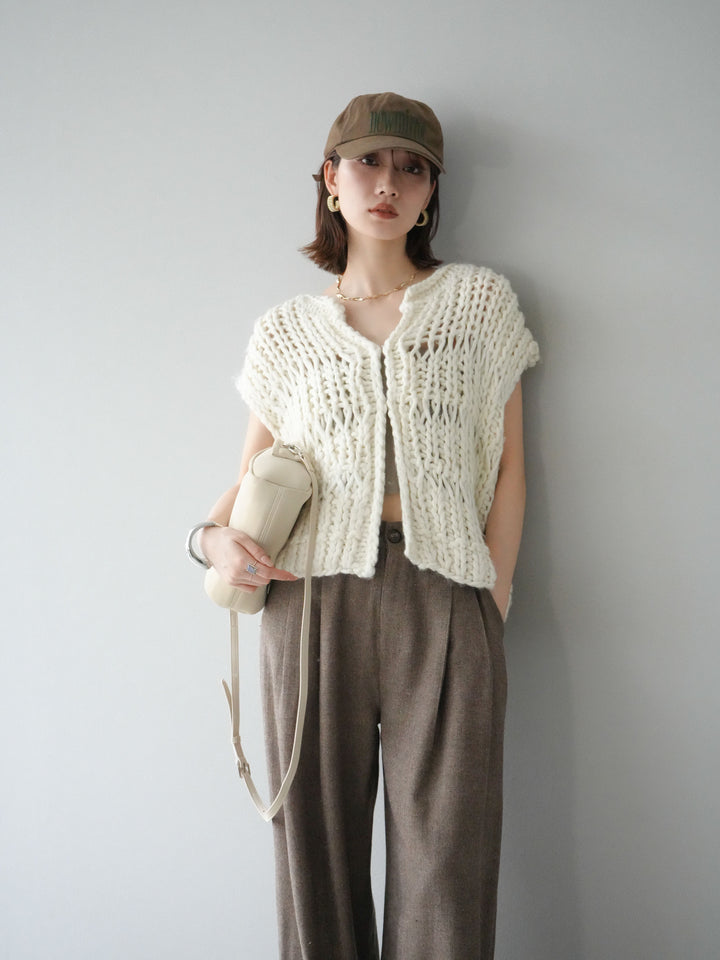 [SET] 手編繩結背心+粗花呢觸感褶皺寬褲（2件組）