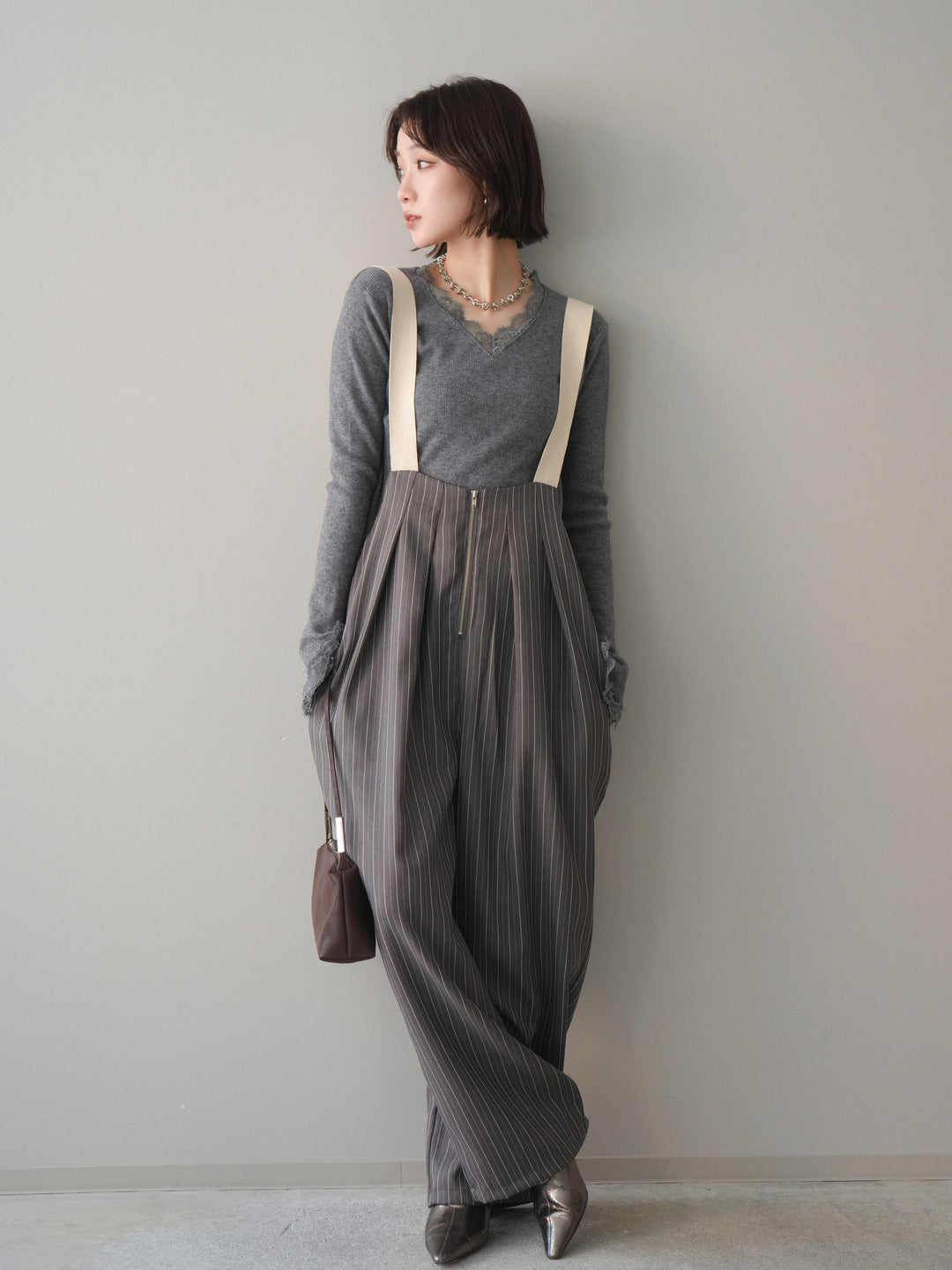 [予約]グログランテープストライプサロペット/charcoal