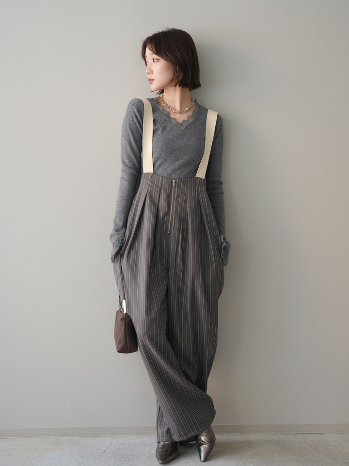 [予約]グログランテープストライプサロペット/charcoal