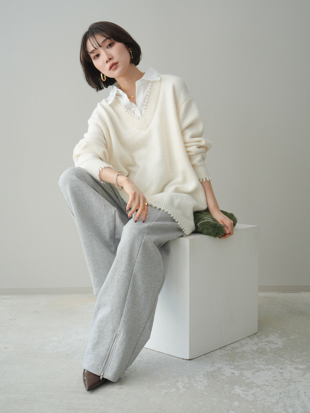 [SET]シャツドッキングVネックフリンジニットプルオーバー+選べるアクセセット(2set)