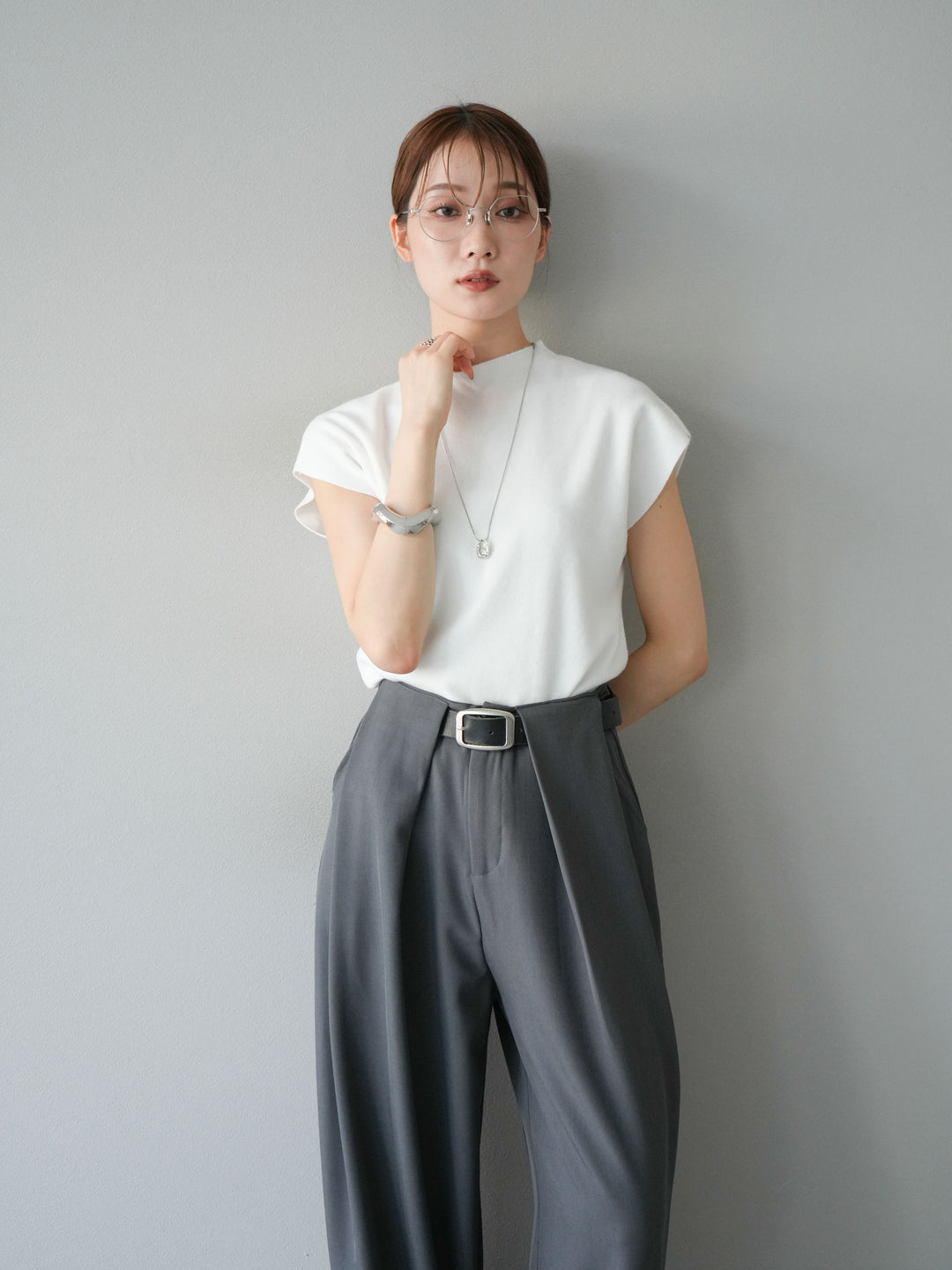 [予約]プチネックフレンチニットトップス/ホワイト