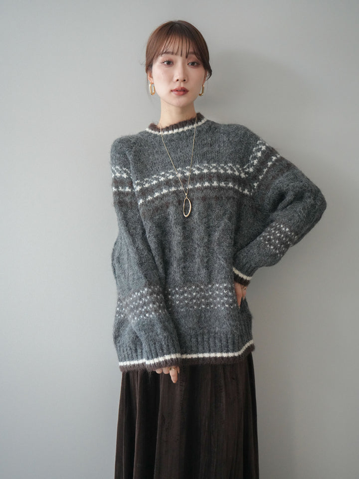 [予約]裾配色ノルディック柄ニットプルオーバー/gray
