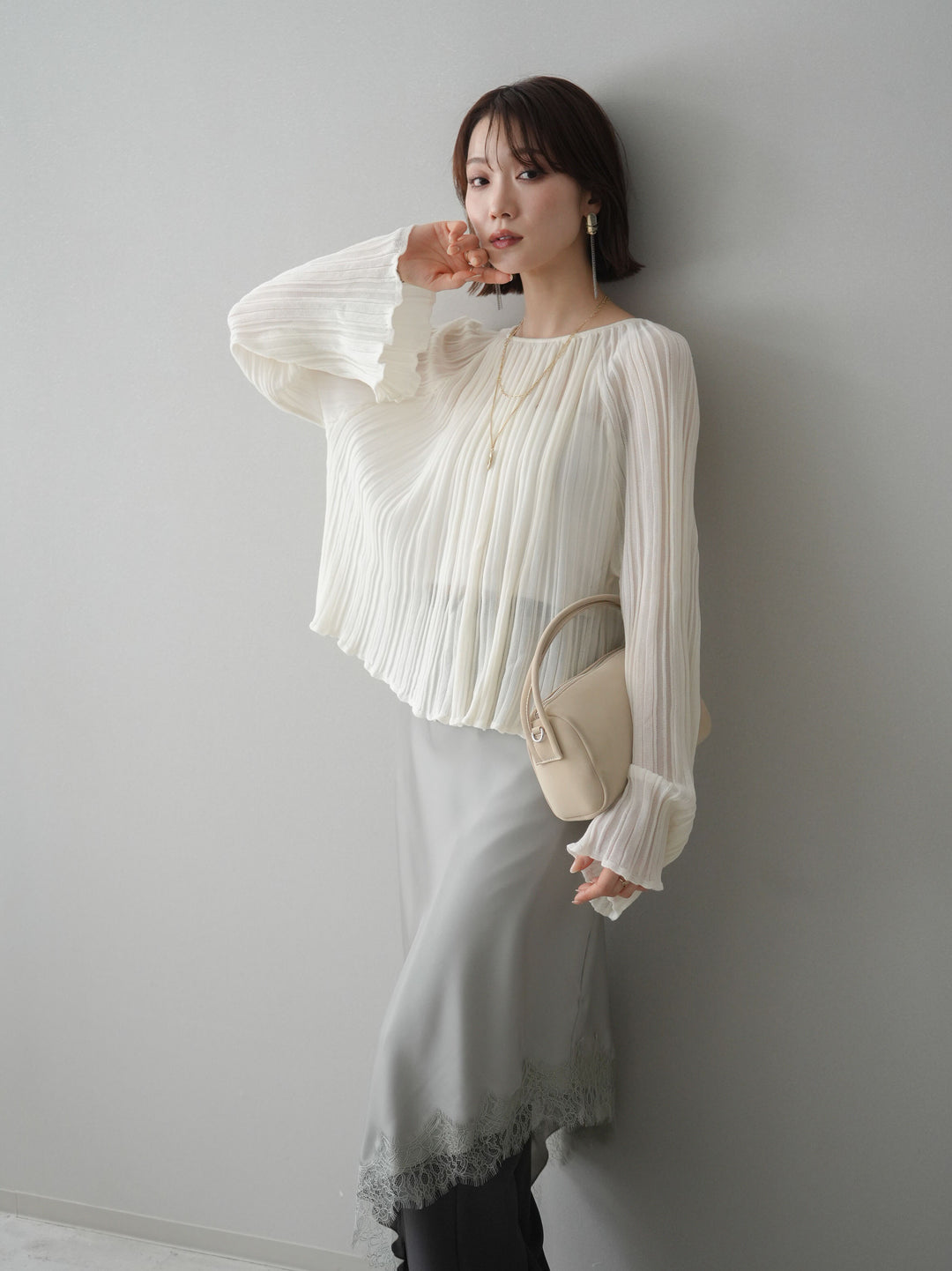 [SET]プリーツシアーフレアスリーブニットトップス+選べるアクセセット(2set)